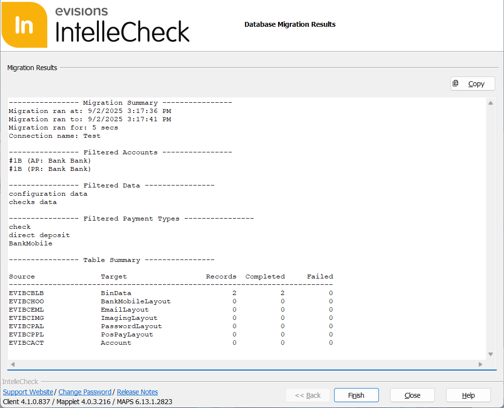 Summary of all data migrated.
